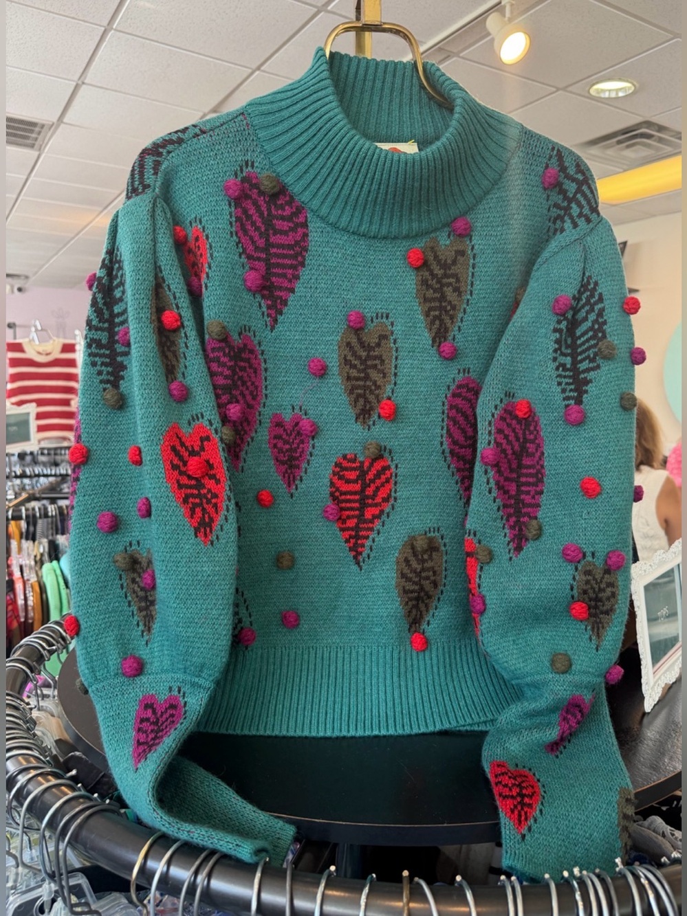 Farm Rio Green Monstera Hearts Sweater-Size S